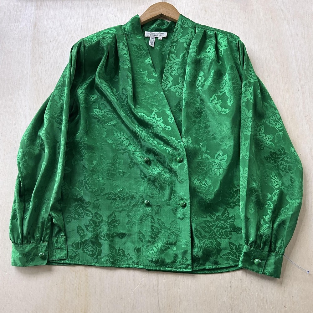Vintage Laura & Jayne Blouse Womens 10 Green Floral Long Sleeve Top